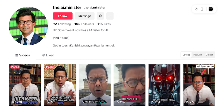 Screenshot of Kanishka Narayan's TikTok account